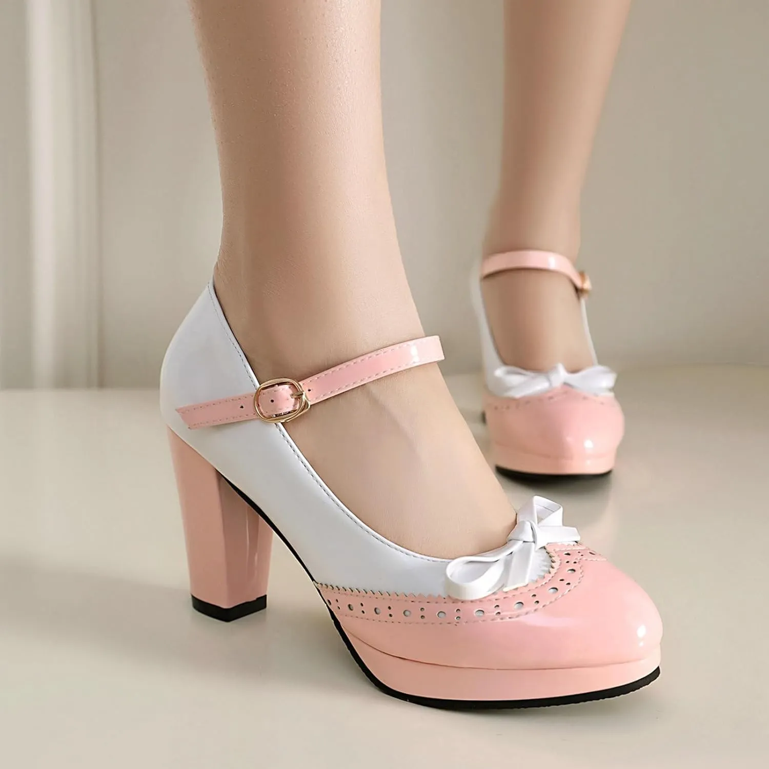 AIMODOR Mary Jane Heels for Women Platform High Lolita Heels Sweet Bow Round Toe Pumps Rockabilly Oxford Mary Jane Pumps Ankle Strap Cosplay Shoes Kawaii Dress Shoes