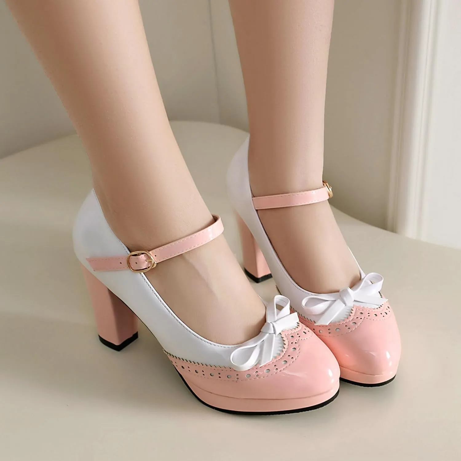AIMODOR Mary Jane Heels for Women Platform High Lolita Heels Sweet Bow Round Toe Pumps Rockabilly Oxford Mary Jane Pumps Ankle Strap Cosplay Shoes Kawaii Dress Shoes