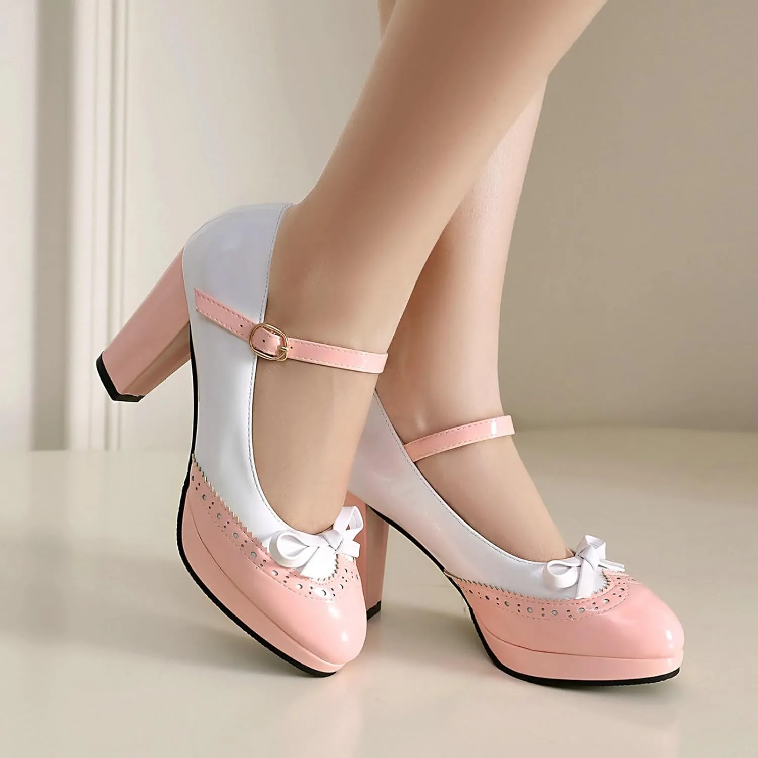AIMODOR Mary Jane Heels for Women Platform High Lolita Heels Sweet Bow Round Toe Pumps Rockabilly Oxford Mary Jane Pumps Ankle Strap Cosplay Shoes Kawaii Dress Shoes