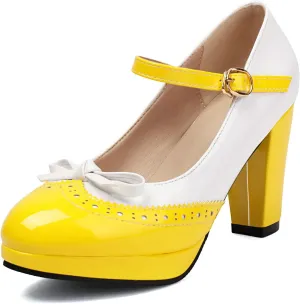 AIMODOR Mary Jane Heels for Women Platform High Lolita Heels Sweet Bow Round Toe Pumps Rockabilly Oxford Mary Jane Pumps Ankle Strap Cosplay Shoes Kawaii Dress Shoes