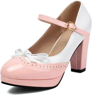 AIMODOR Mary Jane Heels for Women Platform High Lolita Heels Sweet Bow Round Toe Pumps Rockabilly Oxford Mary Jane Pumps Ankle Strap Cosplay Shoes Kawaii Dress Shoes
