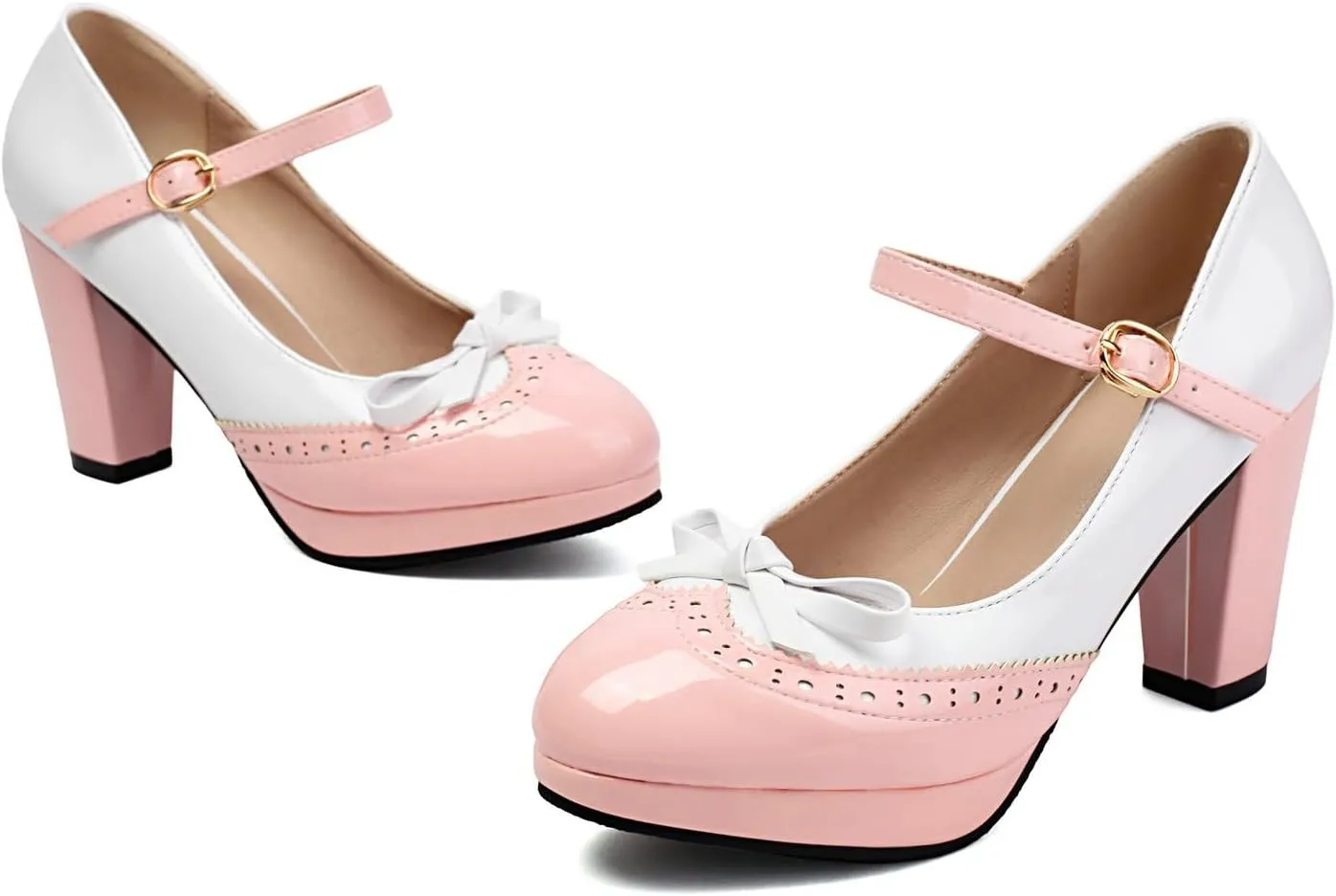 AIMODOR Mary Jane Heels for Women Platform High Lolita Heels Sweet Bow Round Toe Pumps Rockabilly Oxford Mary Jane Pumps Ankle Strap Cosplay Shoes Kawaii Dress Shoes