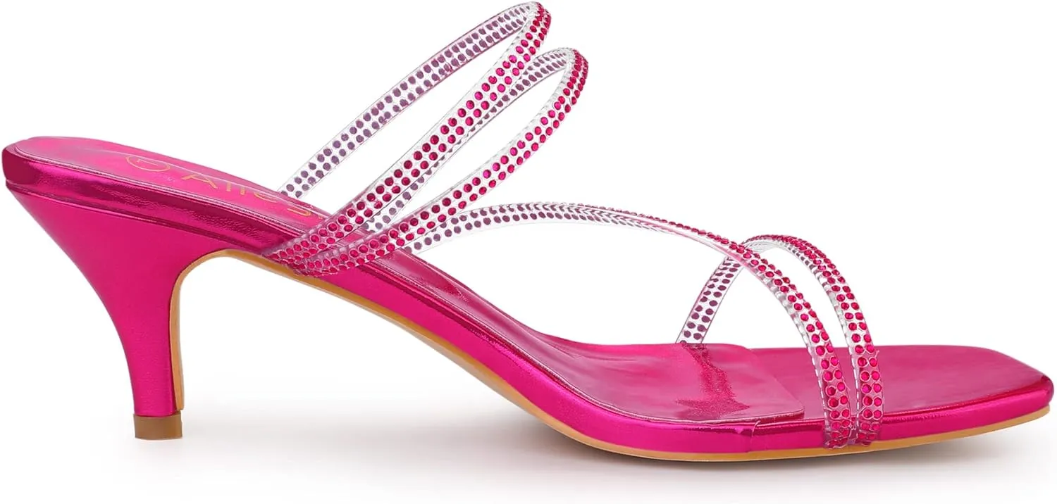 Allegra K Women's Rhinestone Strappy Kitten Heel Slide Heels Sandals