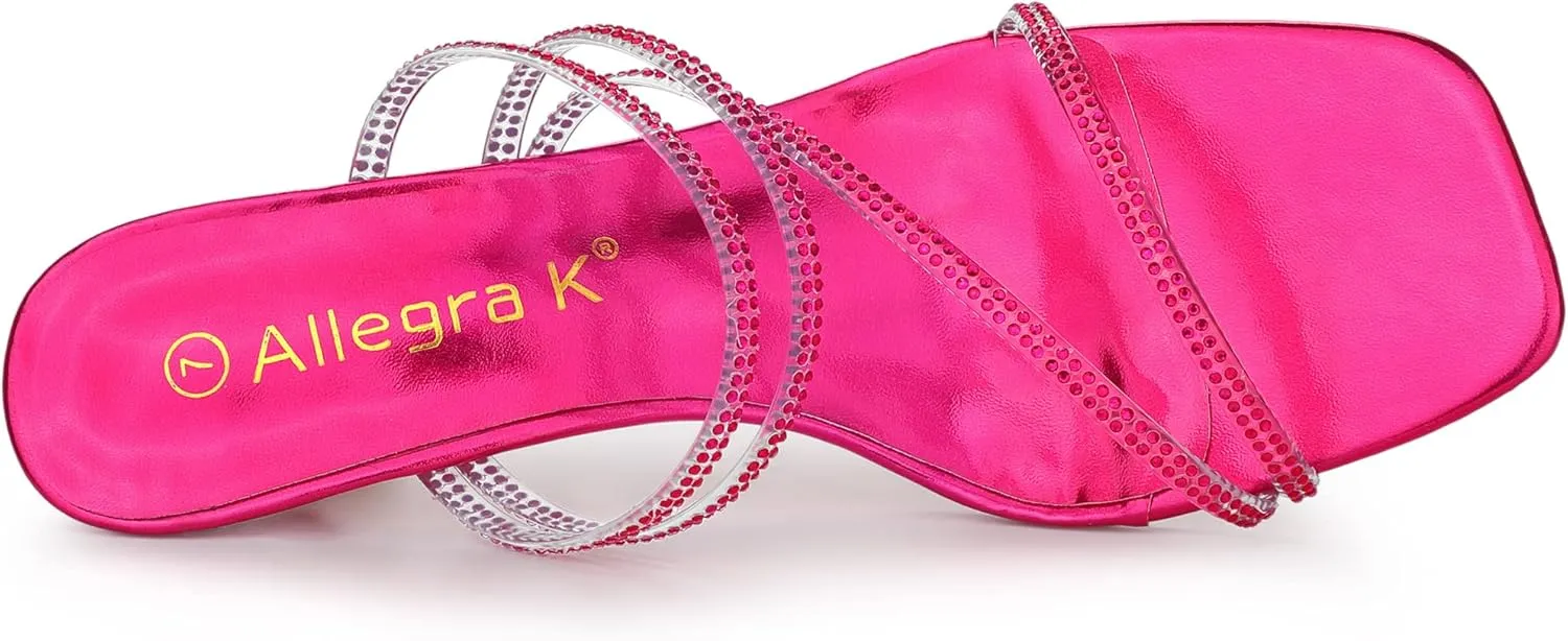 Allegra K Women's Rhinestone Strappy Kitten Heel Slide Heels Sandals