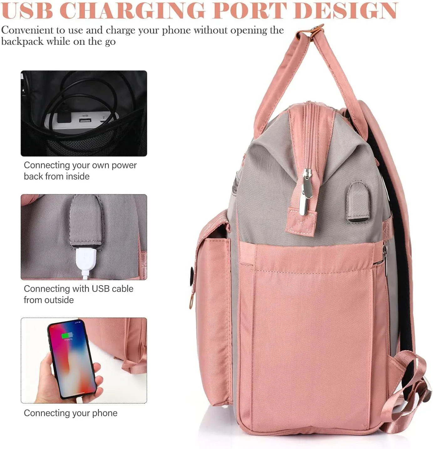 Backpack for Women School Backpack, 15.6 Inch Computer Back Pack with USB Charging Port Travel Bookbag for College Work Business, Gifts for Women Girls, Pink