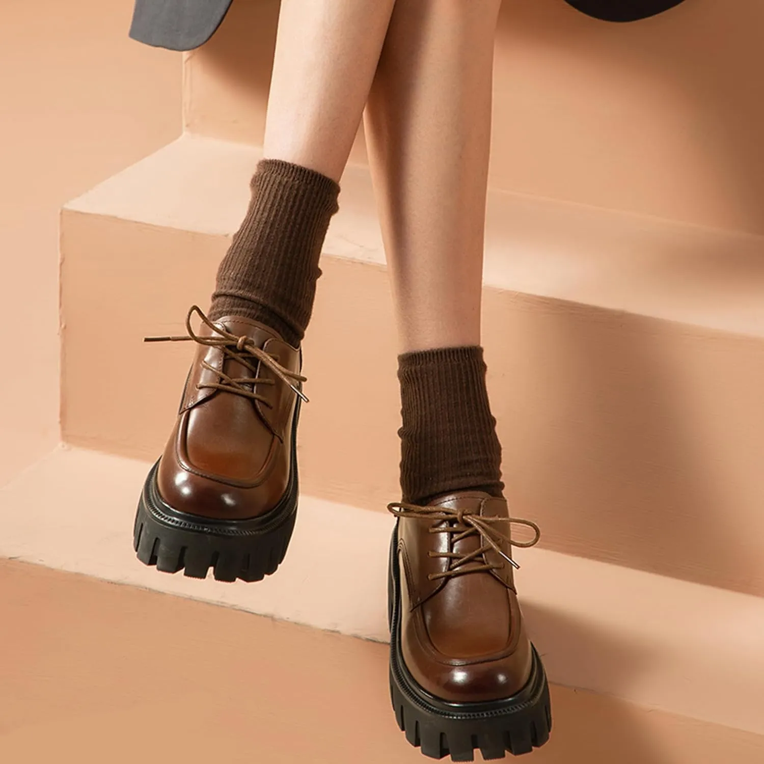 BEAU TODAY Platform Oxfords for Women, Oxford Shoes for Women, Chunky Leather Lace Up Oxford Shoes, Casual Comfort Business Work Office Dress Shoes