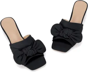 Coutgo Womens Bow Slides Sandals Wide Width Slip On Chunky Low Heels Square Open toe Elagant Summer Shoes