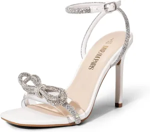 DREAM PAIRS Women's Double Bowknots Crystal Sandals Clear Slingback Heels Square Toe Shoes for Party Wedding