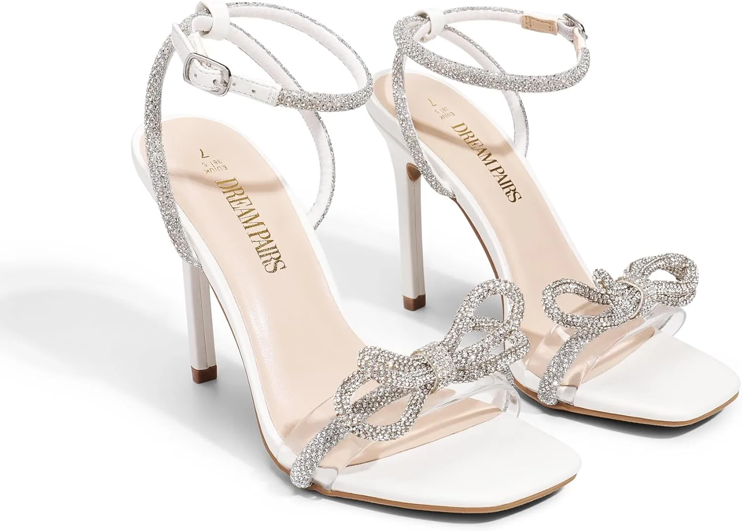 DREAM PAIRS Women's Double Bowknots Crystal Sandals Clear Slingback Heels Square Toe Shoes for Party Wedding