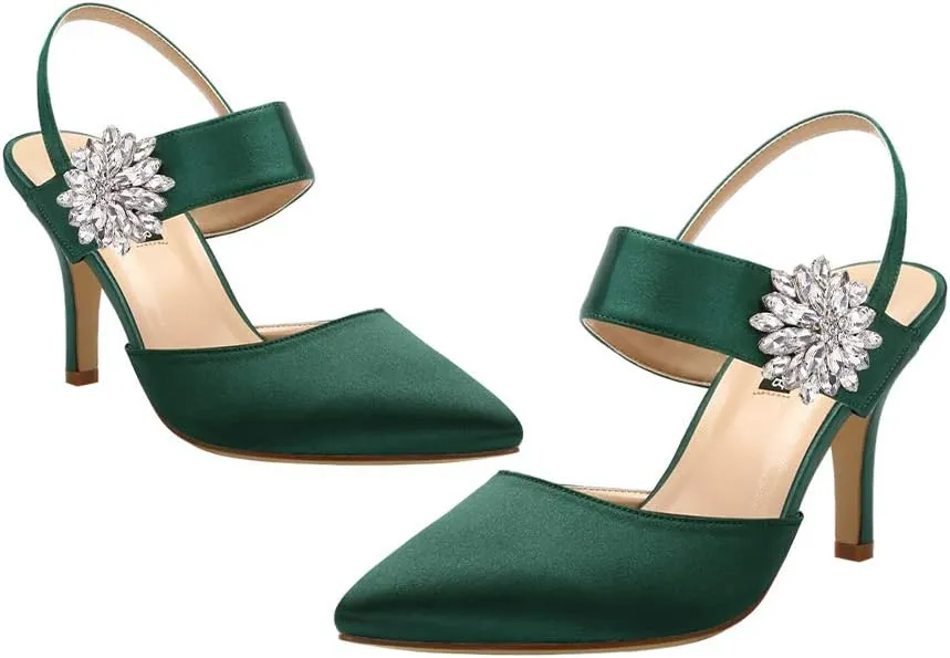 ERIJUNOR Mid Heel Shoes for Women Pointed Toe Slingback Rhinestone Brooch Satin Dress Pumps Evening Prom Wedding Shoes