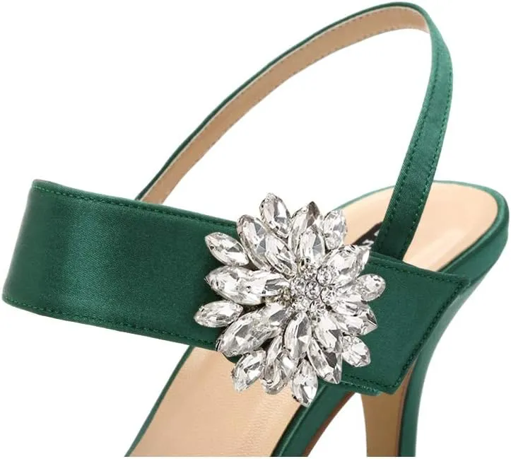 ERIJUNOR Mid Heel Shoes for Women Pointed Toe Slingback Rhinestone Brooch Satin Dress Pumps Evening Prom Wedding Shoes
