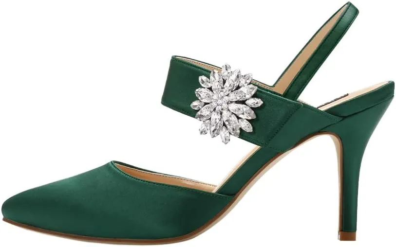 ERIJUNOR Mid Heel Shoes for Women Pointed Toe Slingback Rhinestone Brooch Satin Dress Pumps Evening Prom Wedding Shoes