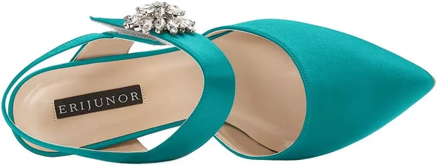 ERIJUNOR Mid Heel Shoes for Women Pointed Toe Slingback Rhinestone Brooch Satin Dress Pumps Evening Prom Wedding Shoes