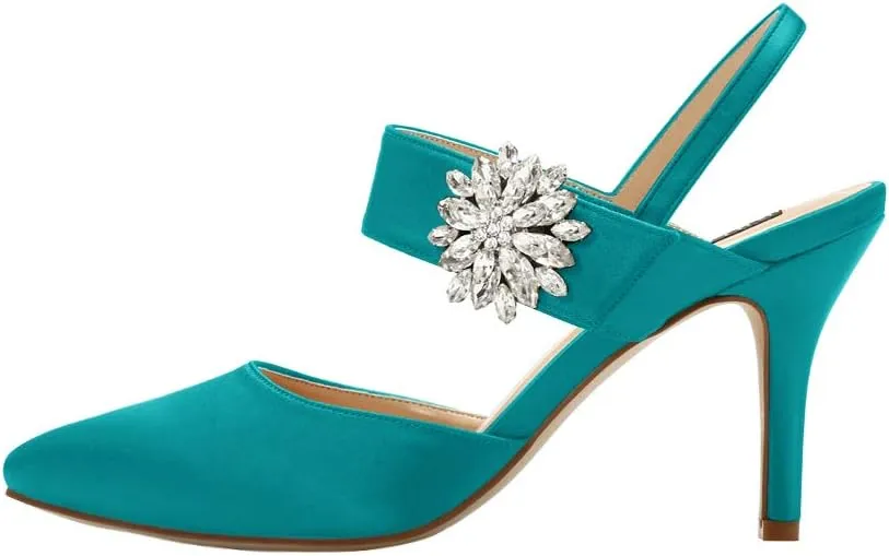 ERIJUNOR Mid Heel Shoes for Women Pointed Toe Slingback Rhinestone Brooch Satin Dress Pumps Evening Prom Wedding Shoes