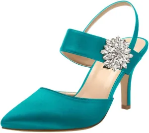 ERIJUNOR Mid Heel Shoes for Women Pointed Toe Slingback Rhinestone Brooch Satin Dress Pumps Evening Prom Wedding Shoes