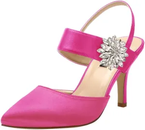 ERIJUNOR Mid Heel Shoes for Women Pointed Toe Slingback Rhinestone Brooch Satin Dress Pumps Evening Prom Wedding Shoes