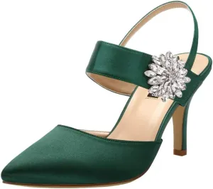 ERIJUNOR Mid Heel Shoes for Women Pointed Toe Slingback Rhinestone Brooch Satin Dress Pumps Evening Prom Wedding Shoes