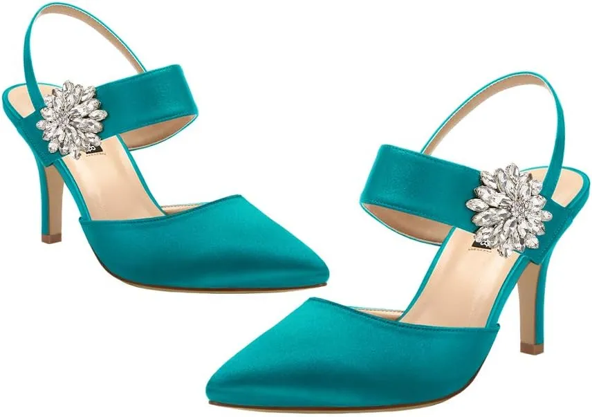 ERIJUNOR Mid Heel Shoes for Women Pointed Toe Slingback Rhinestone Brooch Satin Dress Pumps Evening Prom Wedding Shoes