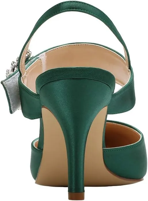 ERIJUNOR Mid Heel Shoes for Women Pointed Toe Slingback Rhinestone Brooch Satin Dress Pumps Evening Prom Wedding Shoes