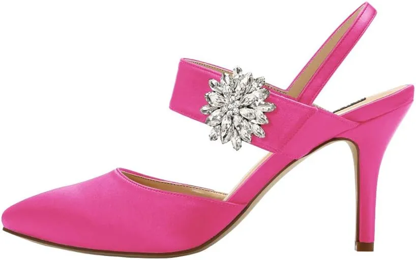 ERIJUNOR Mid Heel Shoes for Women Pointed Toe Slingback Rhinestone Brooch Satin Dress Pumps Evening Prom Wedding Shoes