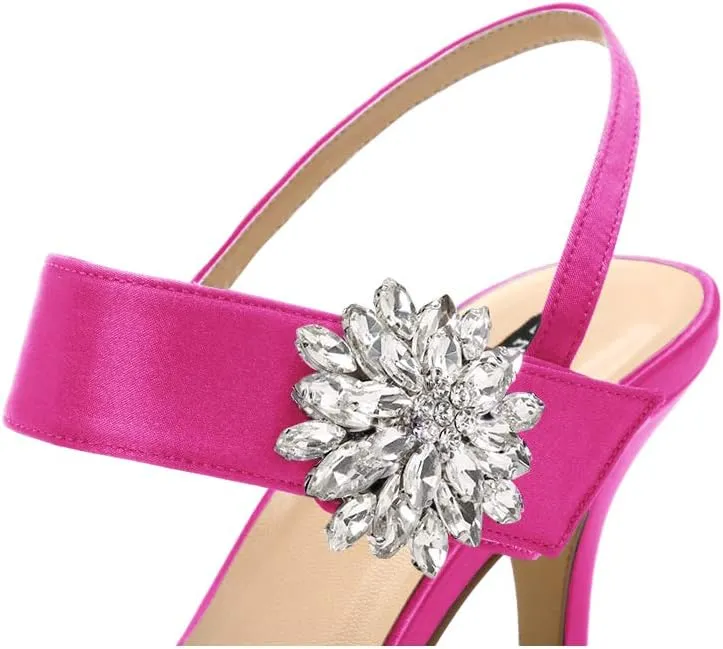ERIJUNOR Mid Heel Shoes for Women Pointed Toe Slingback Rhinestone Brooch Satin Dress Pumps Evening Prom Wedding Shoes