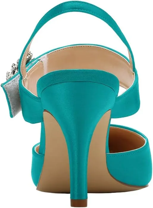 ERIJUNOR Mid Heel Shoes for Women Pointed Toe Slingback Rhinestone Brooch Satin Dress Pumps Evening Prom Wedding Shoes
