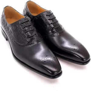 Formal Dress Shoes for Men Lace Up Brogue Embossed Crocodile Embossed Square Toe Cowhide Block Heel Anti-Slip Resistant Non Slip Prom Suitable for Many Occasions.