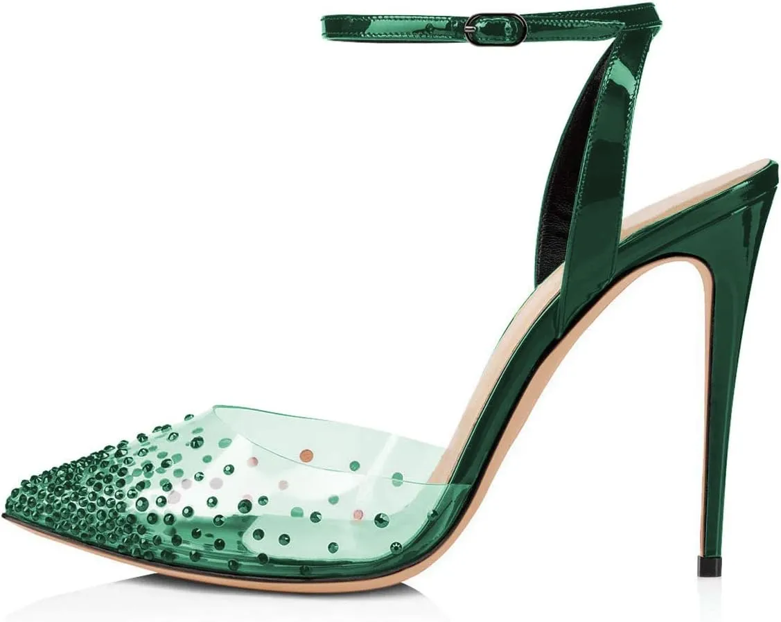 FSJ Women Pencil High Heel Spikes Studded Sandal Slip On D'Orsay Evening Pump Ankle Strap Clear Ballroom Dance Shoe Size 4-15 US