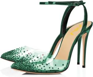 FSJ Women Pencil High Heel Spikes Studded Sandal Slip On D'Orsay Evening Pump Ankle Strap Clear Ballroom Dance Shoe Size 4-15 US