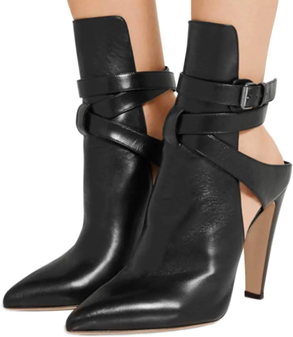 FSJ Women Pointed Toe Chunky High Heel Strappy Dress Bootie Pump Ankle Wrap Slingback Sandal Shoes Size 4-15 M US