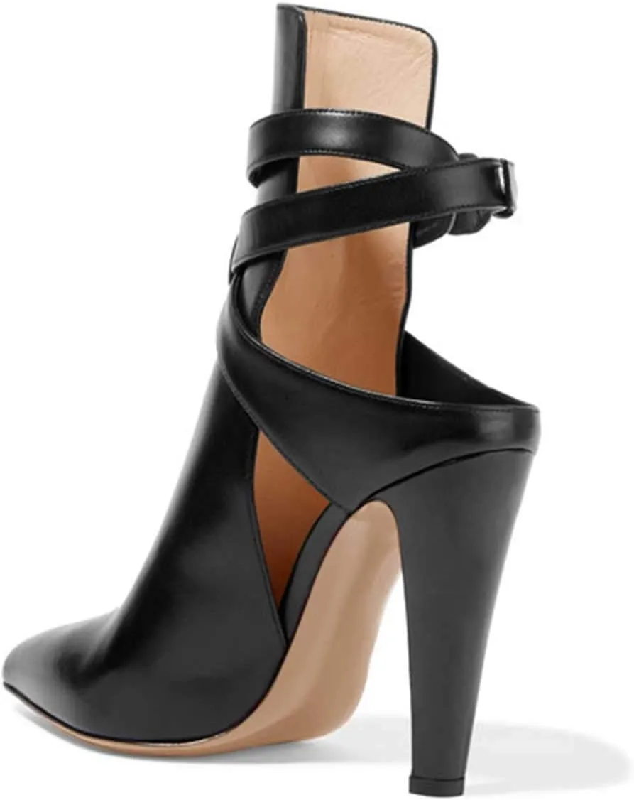 FSJ Women Pointed Toe Chunky High Heel Strappy Dress Bootie Pump Ankle Wrap Slingback Sandal Shoes Size 4-15 M US