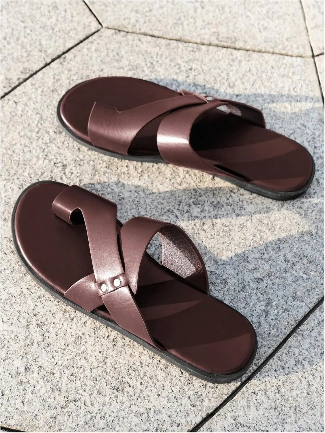 GORGLITTER Men's Beach Leather Sandals Slide Footwear Round Flip Flops Pu Slip On Slippers