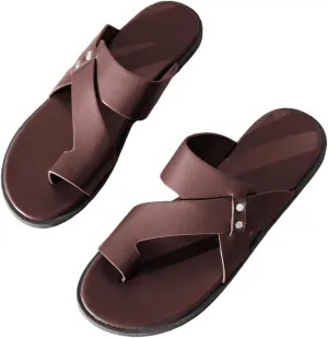 GORGLITTER Men's Beach Leather Sandals Slide Footwear Round Flip Flops Pu Slip On Slippers