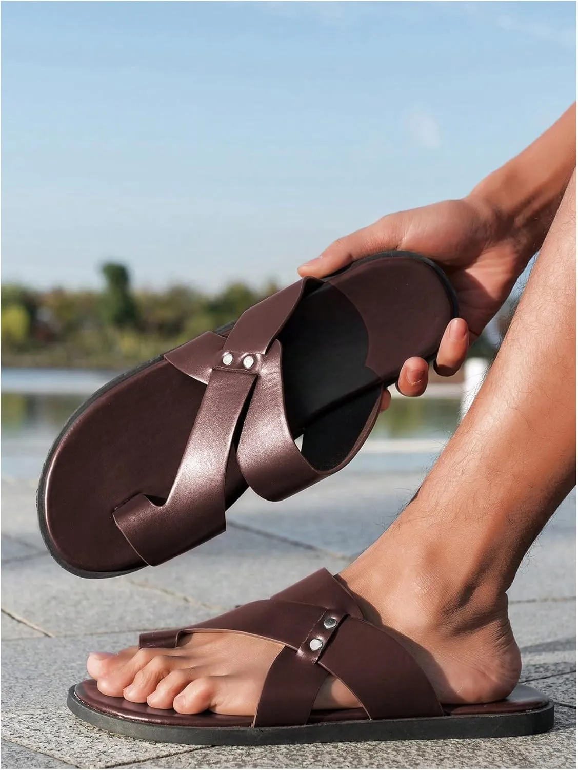 GORGLITTER Men's Beach Leather Sandals Slide Footwear Round Flip Flops Pu Slip On Slippers