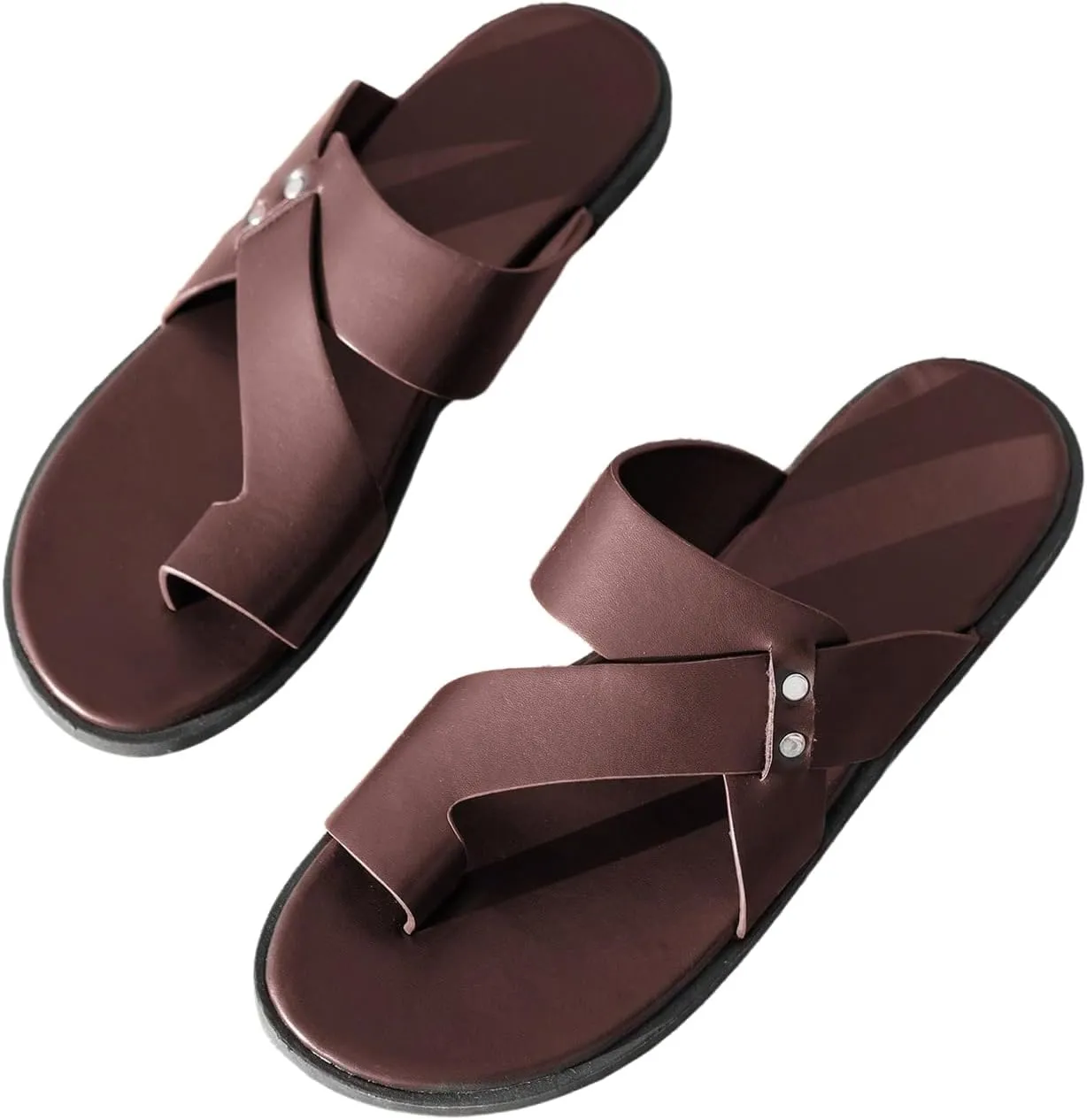GORGLITTER Men's Beach Leather Sandals Slide Footwear Round Flip Flops Pu Slip On Slippers