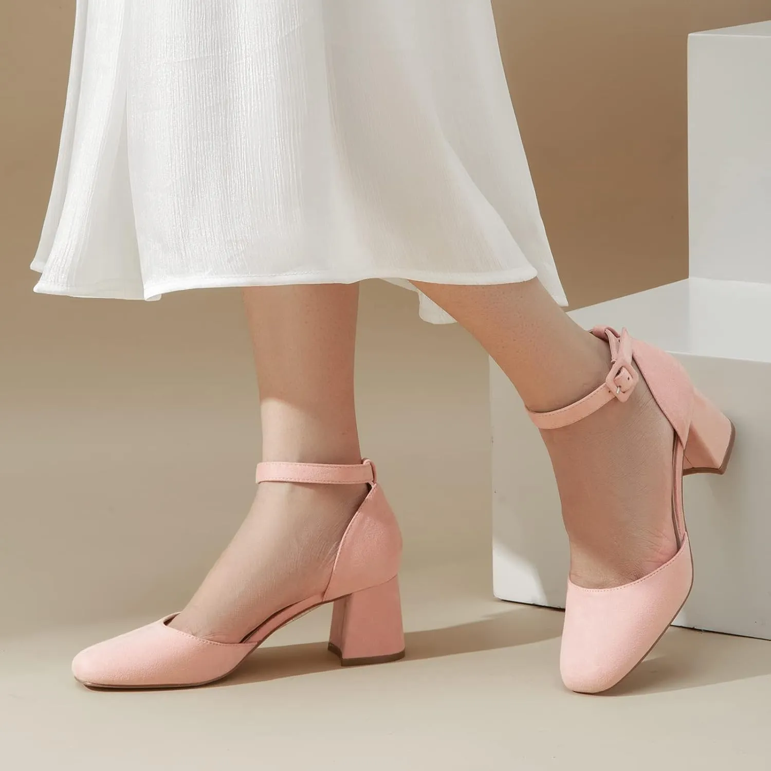 Greatonu Women's Closed Toe Ankle Strap 2.5 inch Low Block Heels Dress Wedding Party Pumps Shoes