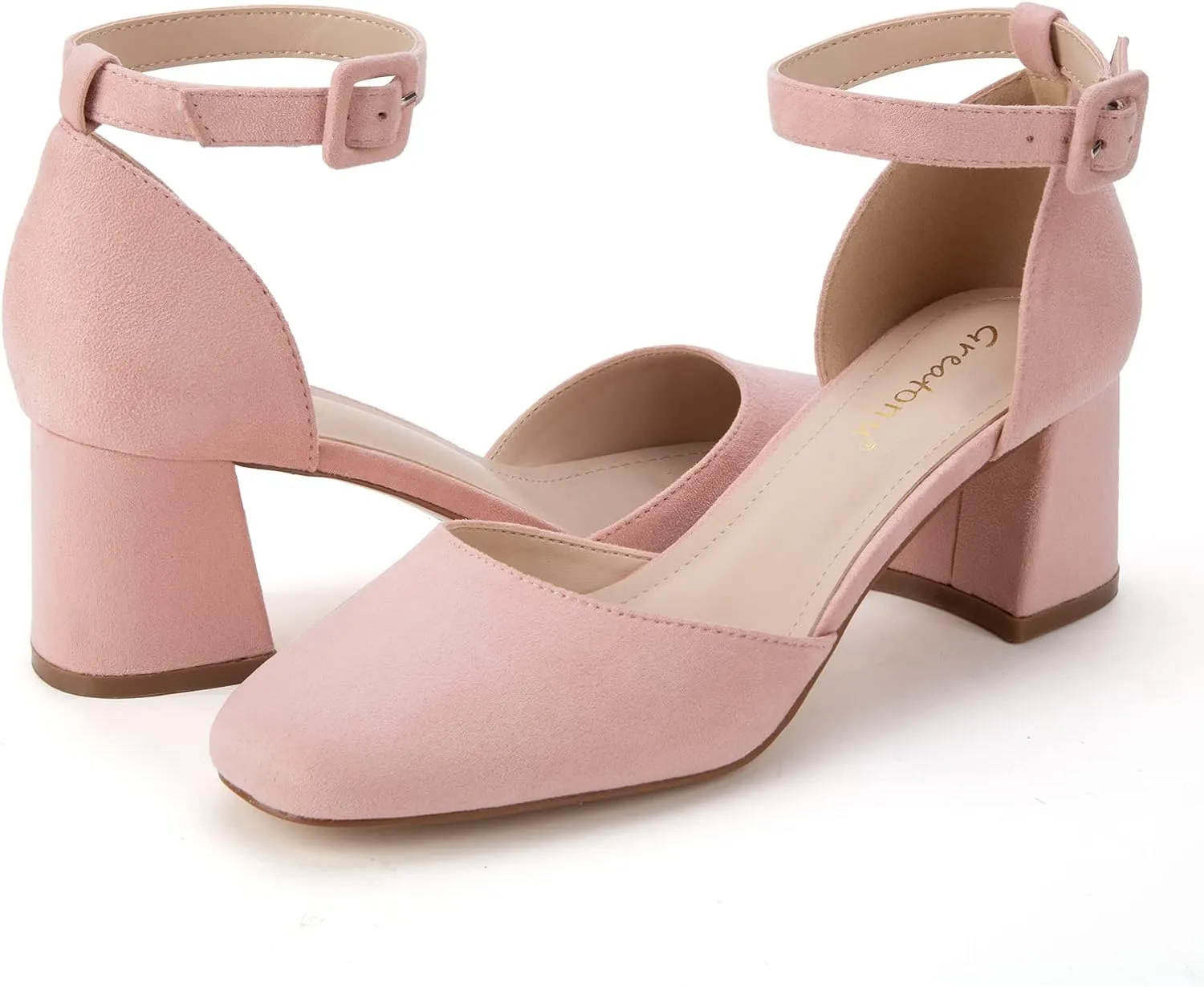Greatonu Women's Closed Toe Ankle Strap 2.5 inch Low Block Heels Dress Wedding Party Pumps Shoes