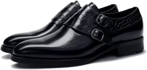 HOOENG Dress Oxford for Men Slip on Double Monk Strap Crocodile Brocaded Round Toe Cowhide Low Top Block Heel Slip Resistant Walk (Color : Black, Size : 11)