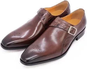 HOOENG Dress Oxford for Men Slip on Monk Strap Breathable Square Toe Cowhide Block Heel Non Slip Tolerant Rubber Sole Low Top Superficial (Color : Brown, Size : 7)
