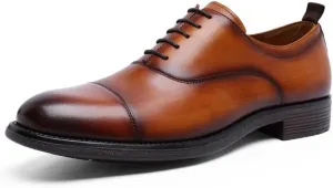 HOOENG Oxford Shoes for Men Lace Up Cap Toe Cycle Toe Cowhide Slip Immune Low Top Anti-Slip Block Heel Classic (Color : Brown, Shoe Size : 7.5)