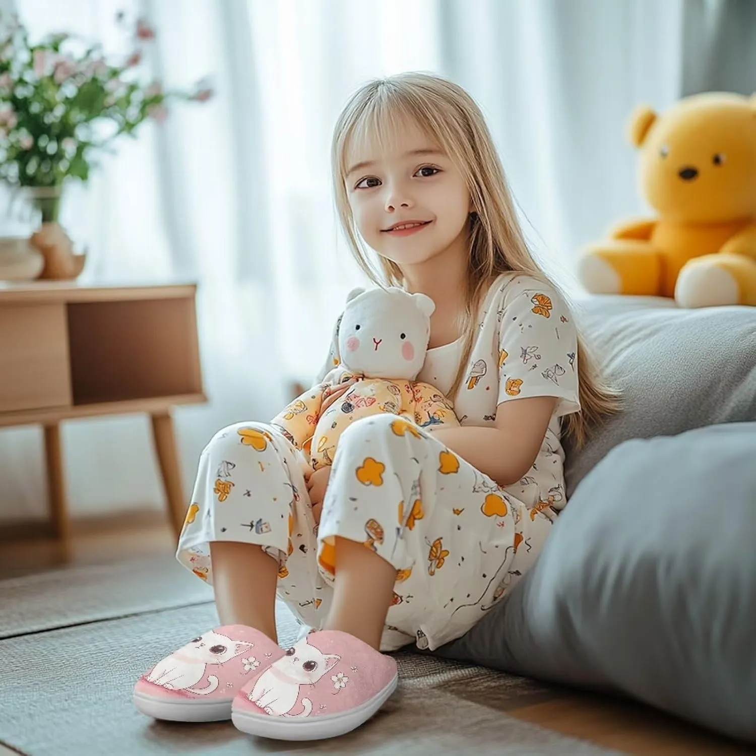 House Slippers for Kids Girls Fuzzy House Slippers House Shoes for Girls - White