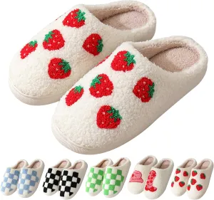 House Slippers for Women Men, Plush Warm Fuzzy Slippers, Cozy Memory Foam Checkered Slippers, Bedroom Indoor Outdoor Slip on Plaid Shoes with Fur