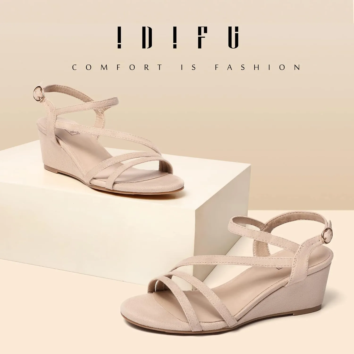 IDIFU Women's Wedge Heel Sandal Dress Low Strappy 2 Inch Open Toe Wedding Bridal Shoes for Woman Ladies Evening Formal