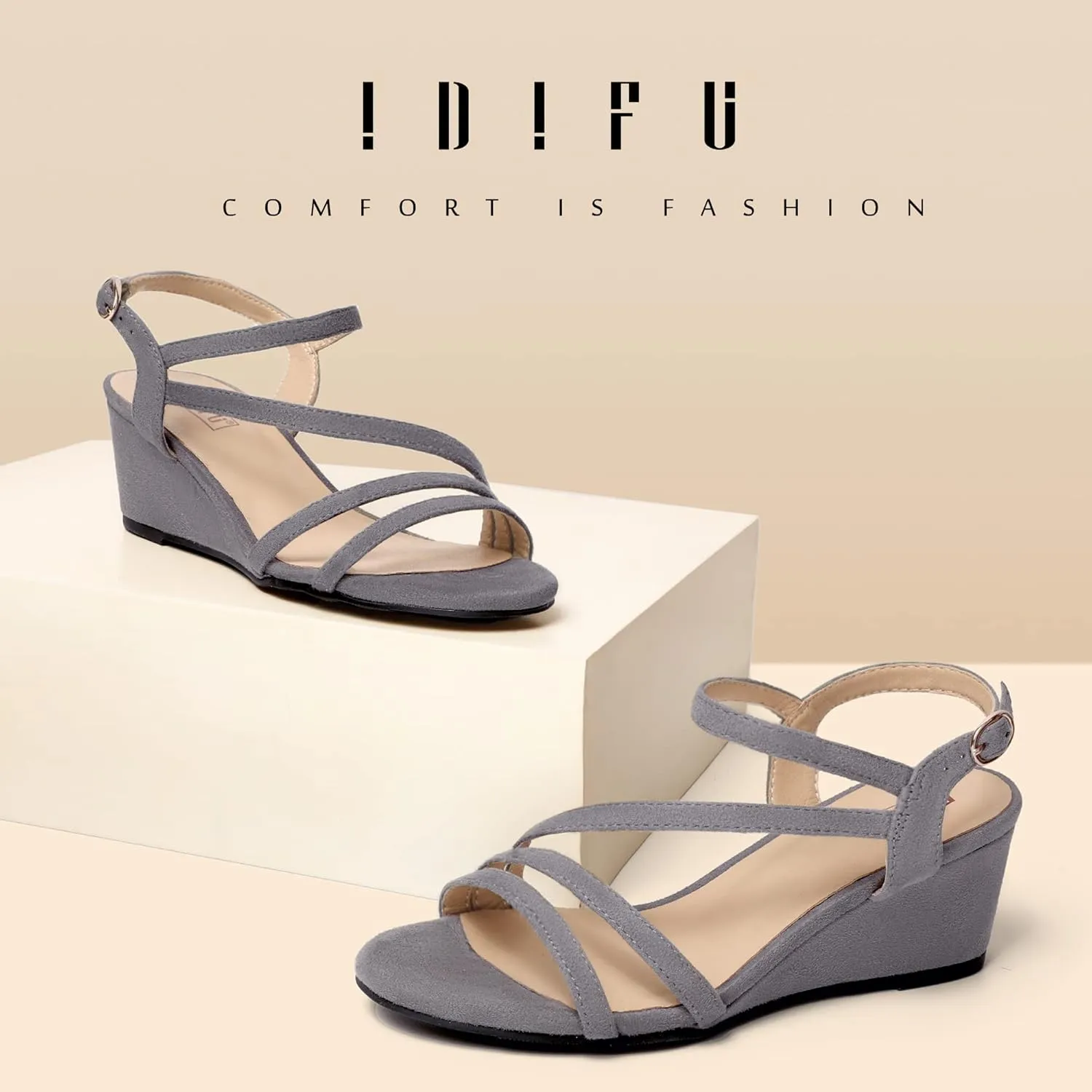 IDIFU Women's Wedge Heel Sandal Dress Low Strappy 2 Inch Open Toe Wedding Bridal Shoes for Woman Ladies Evening Formal