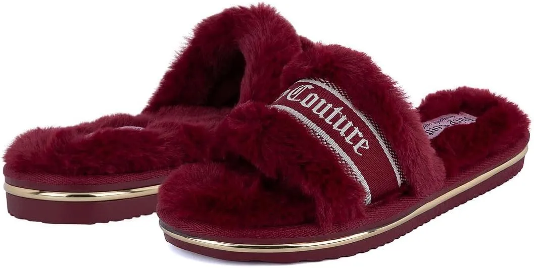 Juicy Couture Women's Faux Fur Slide Sandal Slippers, Open Toe, Comfortable Indoor Outdoor House Shoes