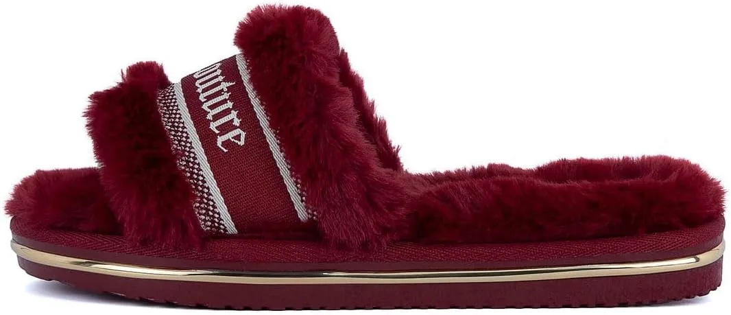 Juicy Couture Women's Faux Fur Slide Sandal Slippers, Open Toe, Comfortable Indoor Outdoor House Shoes