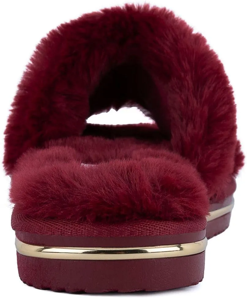 Juicy Couture Women's Faux Fur Slide Sandal Slippers, Open Toe, Comfortable Indoor Outdoor House Shoes