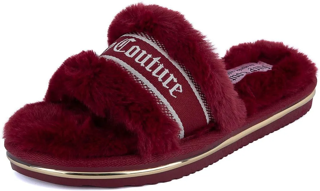 Juicy Couture Women's Faux Fur Slide Sandal Slippers, Open Toe, Comfortable Indoor Outdoor House Shoes