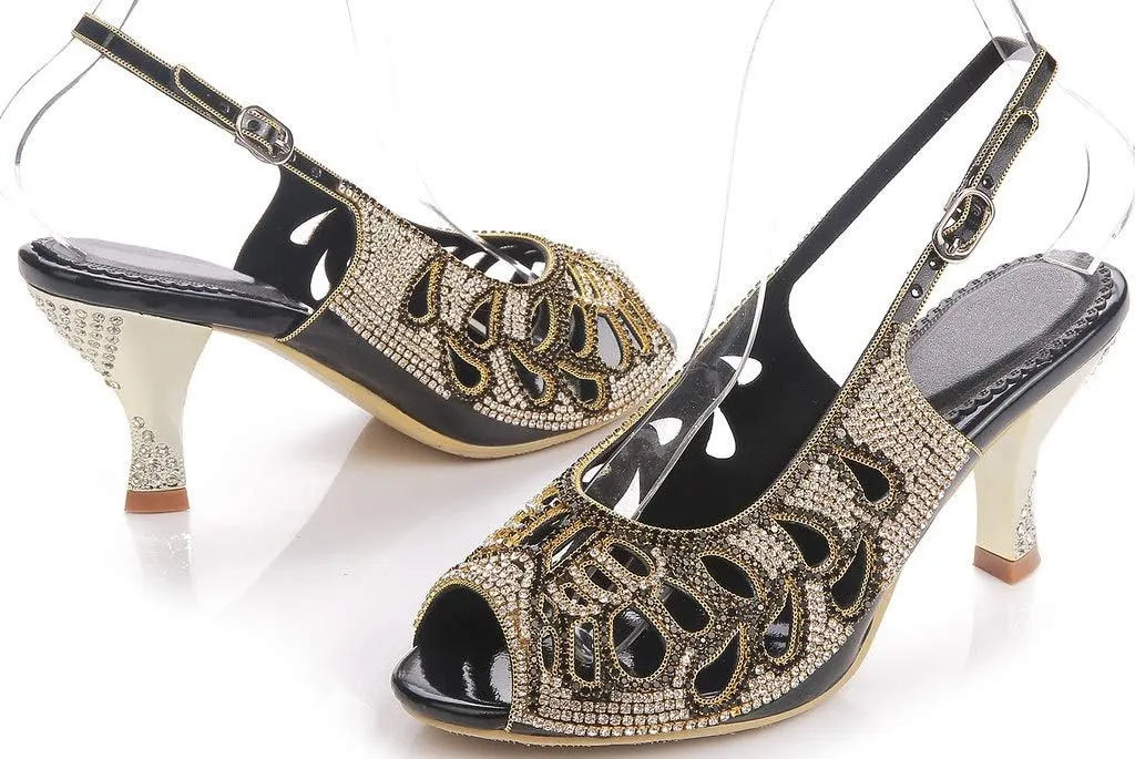 LizFoYa Women Peep Toe Cutout Dressy Pumps Shoes Crystal Evening Slingback Kitten Heels