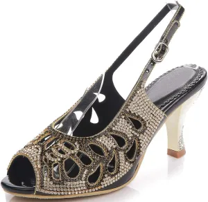 LizFoYa Women Peep Toe Cutout Dressy Pumps Shoes Crystal Evening Slingback Kitten Heels